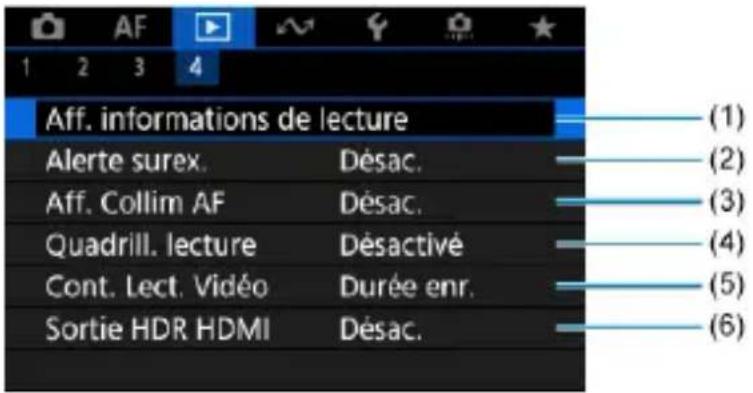 Aff. informations de lecture Alerte surex. Désac. Aff. Collim AF Désac. Quadrill. lecture Désactivé Cont. Lect. Vidéo Durée enr. Sortie HDR HDMI Désac.