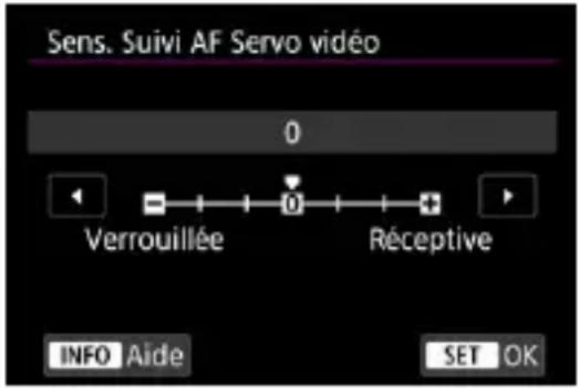 Sens. Suivi AF Servo vidéo 0 Verrouillée 0 Réceptive INFO Aide SET OK