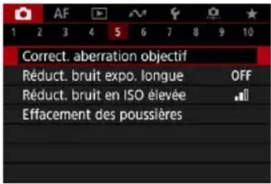 Correct. aberration objectif Réduct. bruit expo. longue OFF Réduct. bruit en ISO élevée Effacement des poussières