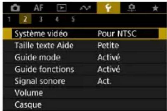 Système vidéo Pour NTSC Taille texte Aide Petite Guide mode Activé Guide fonctions Activé Signal sonore Act. Volume Casque