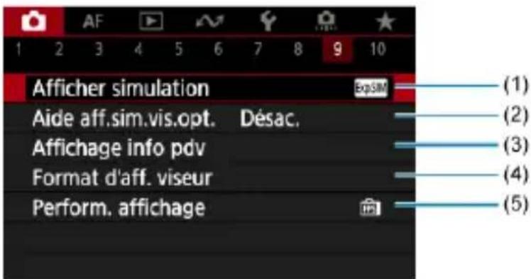 Afficher simulation Aide aff.sim.vis.opt. Désac. Affichage info pdv Format d'aff. viseur Perform. affichage (1) (2) (3) (4) (5)