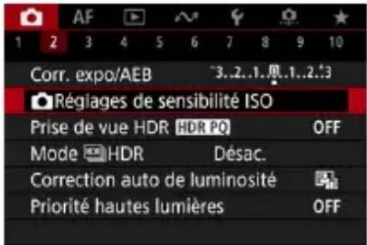 1 2 3 4 5 6 7 8 9 10 Corr. expo/AEB ~3..2..1..1..2..3 Réglages de sensibilité ISO Prise de vue HDR HDR PO OFF Mode HDR Désac. Correction auto de luminosité Priorité hautes lumières OFF