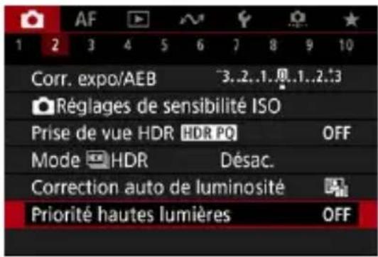 1 2 3 4 5 6 7 8 9 10 Corr. expo/AEB ~3..2..1..0..1..2..3 Réglages de sensibilité ISO Prise de vue HDR HDR PO OFF Mode HDR Désac. Correction auto de luminosité Priorité hautes lumières OFF