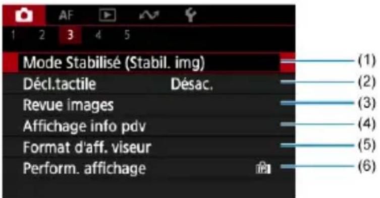 Mode Stabilisé (Stabil. img) Décl.tactile Désac. Revue images Affichage info pdv Format d'aff. viseur Perform. affichage