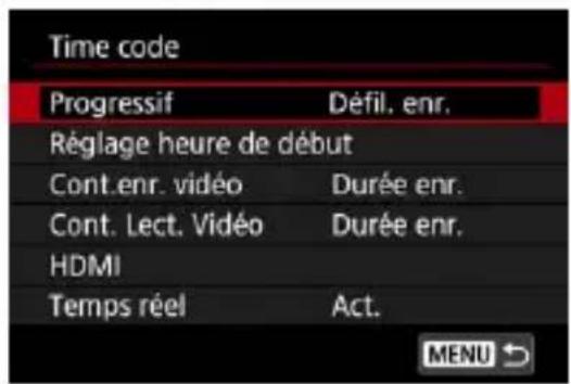 Time code Progressif Défil. enr. Réglage heure de début Cont.enr. vidéo Durée enr. Cont. Lect. Vidéo Durée enr. HDMI Temps réel Act. MENU ↗
