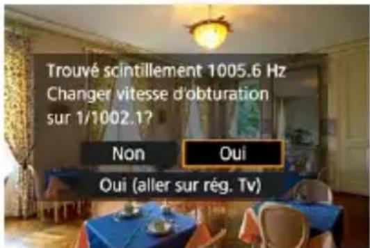 Trouvé scintillement 1005.6 Hz Changer vitesse d'obturation sur 1/1002.1? Non Oui Oui (aller sur rég. Tv)