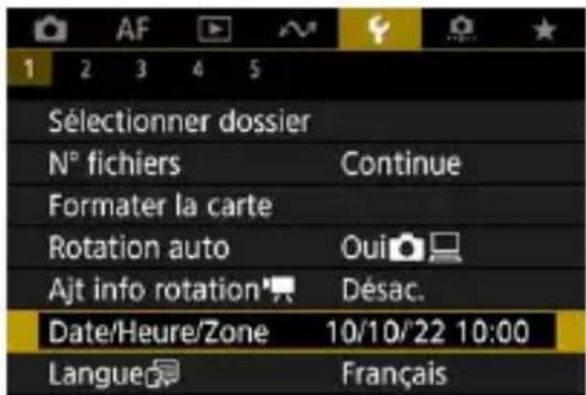 1 2 3 4 5 Sélectionner dossier N° fichiers Continue Formater la carte Rotation auto Oui Ajt info rotation Désac. Date/Heure/Zone 10/10/22 10:00 Langue Français