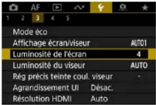 AF 1 2 3 4 5 Mode éco Affichage écran/viseur AUTO1 Luminosité de l'écran 4 Luminosité du viseur AUTO Rég précis teinte coul. viseur - Agrandissement UI Désac. Résolution HDMI Auto