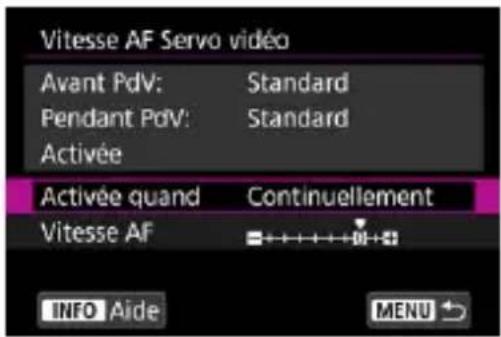 Vitesse AF Servo vidéo Avant PdV: Standard Pendant PdV: Standard Activée Activée quand Continuellement Vitesse AF INFO Aide MENU ↗