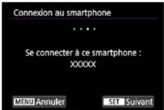Connexion au smartphone Se connecter à ce smartphone : XXXXX MENU Annuler SET Suivant