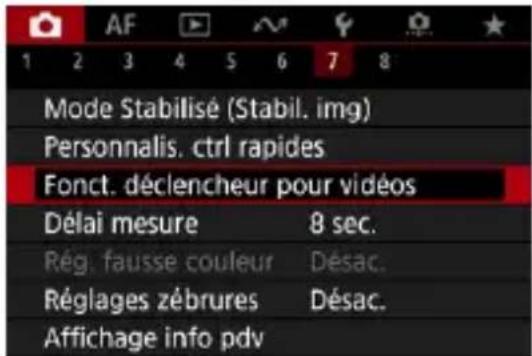 AF 1 2 3 4 5 6 7 8 Mode Stabilisé (Stabil. img) Personnalis. ctrl rapides Fonct. déclencheur pour vidéos Délai mesure 8 sec. Rég. fausse couleur Désac. Réglages zébrures Désac. Affichage info pdv