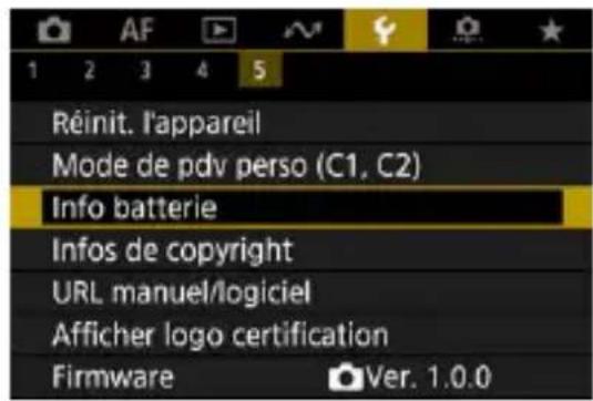 Réinit. l'appareil Mode de pdv perso (C1, C2) Info batterie Infos de copyright URL manuel/logiciel Afficher logo certification Firmware Ver. 1.0.0