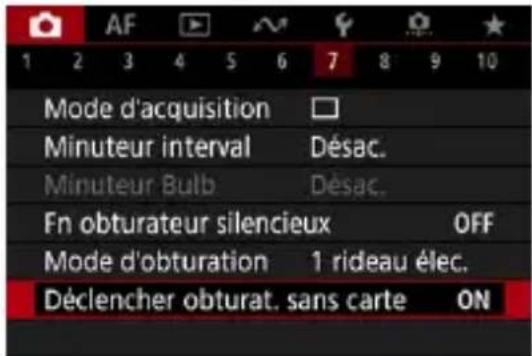 AF 1 2 3 4 5 6 7 8 9 10 Mode d'acquisition Minuteur interval Désac. Minuteur Bulb Désac. Fn obturateur silencieux OFF Mode d'obturation 1 rideau élec. Déclencher obturat. sans carte ON
