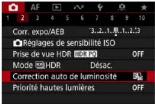 1 2 3 4 5 6 7 8 9 10 Corr. expo/AEB ~3..2..1..1..2..3 Réglages de sensibilité ISO Prise de vue HDR HDR PO OFF Mode HDR Désac. Correction auto de luminosité Priorité hautes lumières OFF