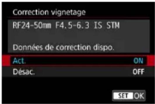 Correction vignetage RF24-50mm F4.5-6.3 IS STM Données de correction dispo. Act. ON Désac. OFF SET OK