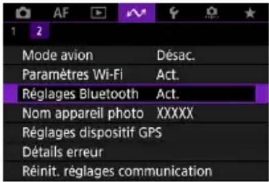 AF 1 2 Mode avion Désac. Paramètres Wi-Fi Act. Réglages Bluetooth Act. Nom appareil photo XXXXX Réglages dispositif GPS Détails erreur Réinit. réglages communication