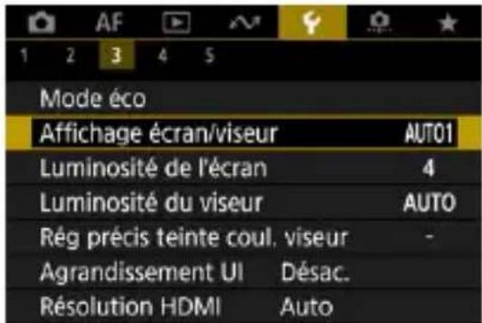 1 2 3 4 5 Mode éco Affichage écran/viseur AUTO1 Luminosité de l'écran 4 Luminosité du viseur AUTO Rég précis teinte coul. viseur - Agrandissement UI Désac. Résolution HDMI Auto