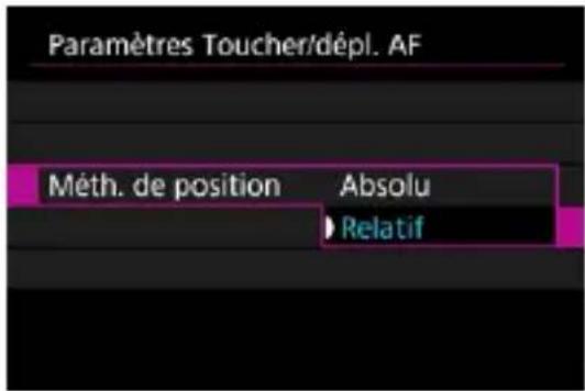 Paramètres Toucher/dépl. AF Méth. de position Absolu Relatif
