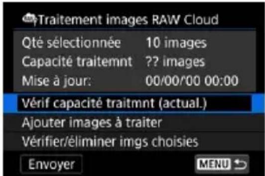 Traitement images RAW Cloud Qté sélectionnée 10 images Capacité traitemnt ?? images Mise à jour: 00/00/00 00:00 Vérif capacité traitmnt (actual.) Ajouter images à traiter Vérifier/éliminer imgs choisies Envoyer MENU ↗