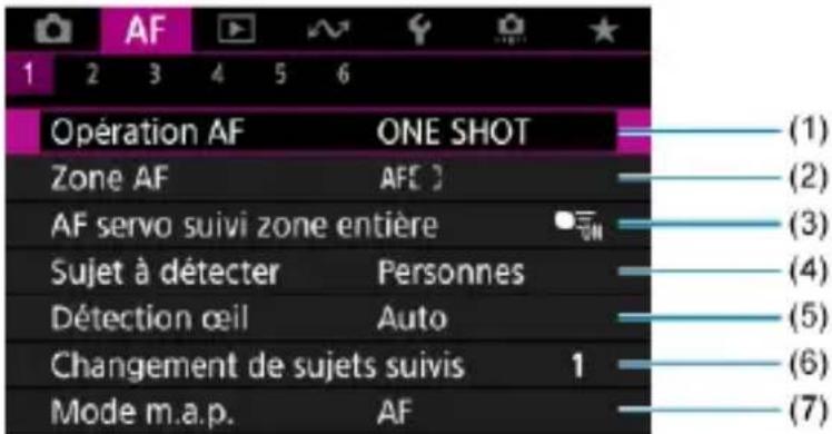 AF 1 2 3 4 5 6 Opération AF ONE SHOT Zone AF AFE AF servo suivi zone entière Sujet à détecter Personnes Détection œil Auto Changement de sujets suivis 1 Mode m.a.p. AF (1) (2) (3) (4) (5) (6) (7)