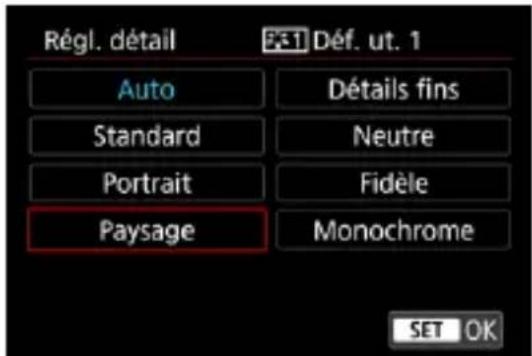 Régl. détail Auto Standard Portrait Paysage P3.1 Déf. ut. 1 Détails fins Neutre Fidèle Monochrome SET OK
