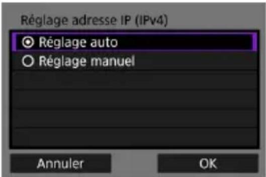 Réglage adresse IP (IPv4) Réglage auto Réglage manuel Annuler OK