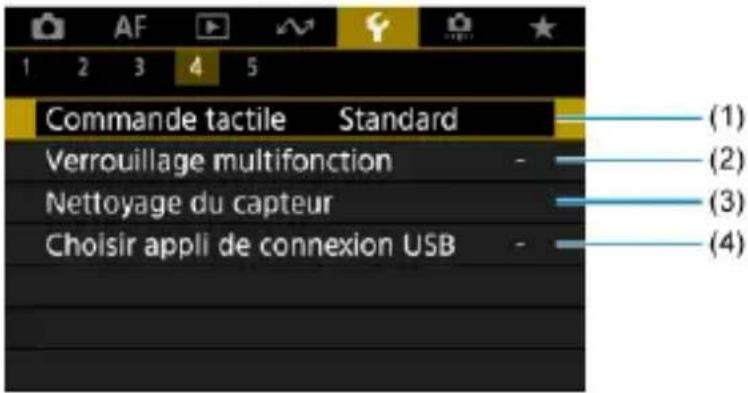 Commande tactile Standard Verrouillage multifonction Nettoyage du capteur Choisir appli de connexion USB (1) (2) (3) (4)