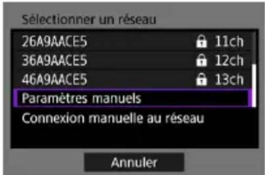 Sélectionner un réseau 26A9AACE5 11ch 36A9AACE5 12ch 46A9AACE5 13ch Paramètres manuels Connexion manuelle au réseau Annuler