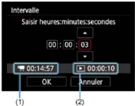 Intervalle Saisir heures:minutes:secondes 00 : 00 : 03 00:14:57 00:00:10 OK Annuler (1) (2)