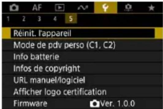Réinit. l'appareil Mode de pdv perso (C1, C2) Info batterie Infos de copyright URL manuel/logiciel Afficher logo certification Firmware Ver. 1.0.0