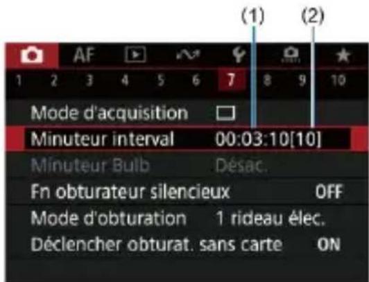 (1) (2) AF 1 2 3 4 5 6 7 8 9 10 Mode d'acquisition Minuteur interval 00:03:10[10] Minuteur Bulb Désac. Fn obturateur silencieux OFF Mode d'obturation 1 rideau élec. Déclencher obturat. sans carte ON
