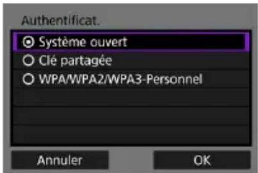 Authentificat. Système ouvert Clé partagée WPA/WPA2/WPA3-Personnel Annuler OK