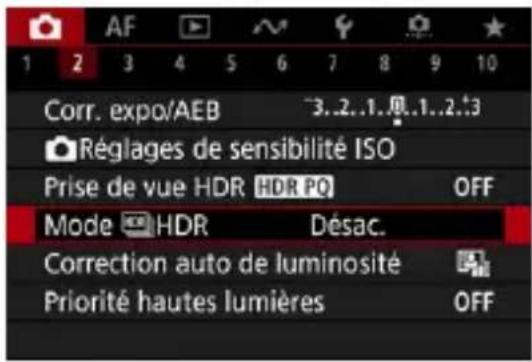 1 2 3 4 5 6 7 8 9 10 Corr. expo/AEB ~3..2..1..0..1..2..3 Réglages de sensibilité ISO Prise de vue HDR HDR PO OFF Mode HDR Désac. Correction auto de luminosité Priorité hautes lumières OFF