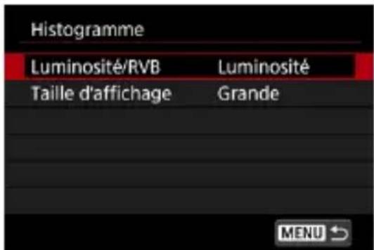 Histogramme Luminosité/RVB Luminosité Taille d'affichage Grande MENU ↗