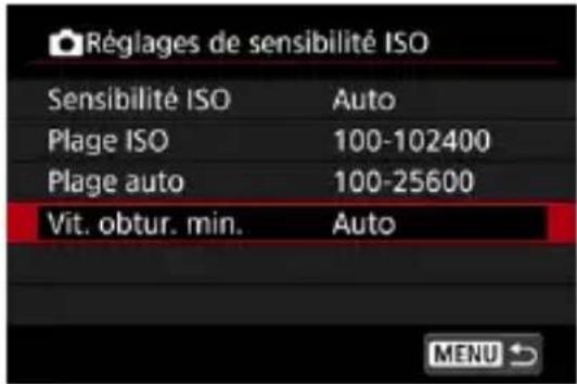 Réglages de sensibilité ISO Sensibilité ISO Auto Plage ISO 100-102400 Plage auto 100-25600 Vit. obtur. min. Auto