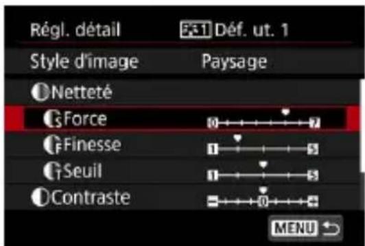 Régl. détail Style d'image F3.1 Déf. ut. 1 Paysage Netteté Force Finesse Seuil Contraste MENU