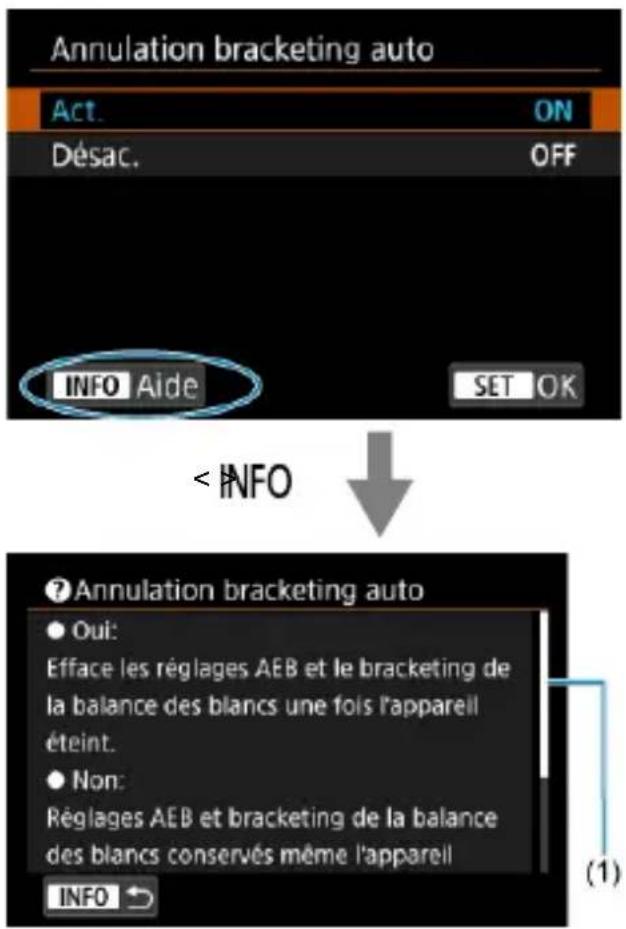 Annulation bracketing auto Act. ON Désac. OFF INFO Aide SET OK < INFO ? Annulation bracketing auto ● Oui: Efface les réglages AEB et le bracketing de la balance des blancs une fois l'appareil éteint. ● Non: Réglages AEB et bracketing de la balance des blancs conservés même l'appareil INFO ↩ (1)