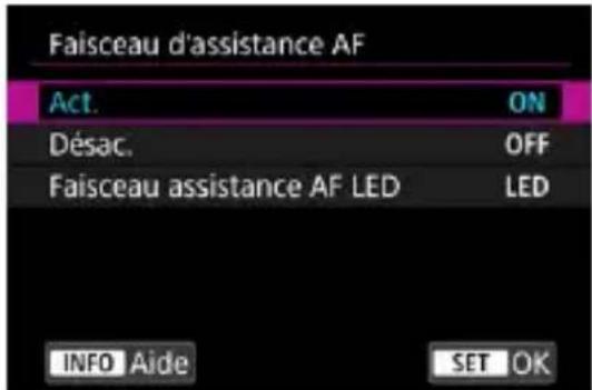 Faisceau d'assistance AF Act. ON Désac. OFF Faisceau assistance AF LED LED INFO Aide SET OK