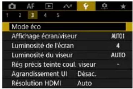 Mode éco Affichage écran/viseur AUTO1 Luminosité de l'écran 4 Luminosité du viseur AUTO Rég précis teinte coul. viseur - Agrandissement UI Désac. Résolution HDMI Auto
