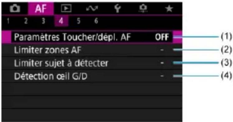 AF 1 2 3 4 5 6 Paramètres Toucher/dépl. AF OFF Limiter zones AF - Limiter sujet à détecter - Détection œil G/D -