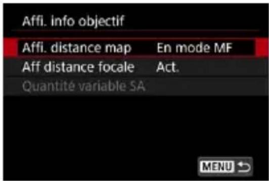 Affi. info objectif Affi. distance map En mode MF Aff distance focale Act. Quantité variable SA MENU ↗