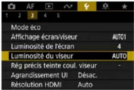 AF 1 2 3 4 5 Mode éco Affichage écran/viseur AUTO1 Luminosité de l'écran 4 Luminosité du viseur AUTO Rég précis teinte coul. viseur - Agrandissement UI Désac. Résolution HDMI Auto