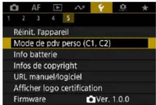 AF 1 2 3 4 5 Réinit. l'appareil Mode de pdv perso (C1, C2) Info batterie Infos de copyright URL manuel/logiciel Afficher logo certification Firmware Ver. 1.0.0