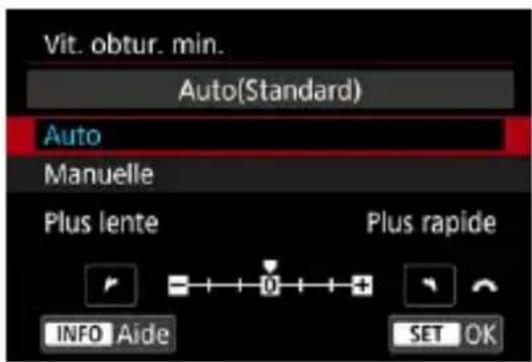 Vit. obtur. min. Auto(Standard) Auto Manuelle Plus lente Plus rapide INFO Aide SET OK