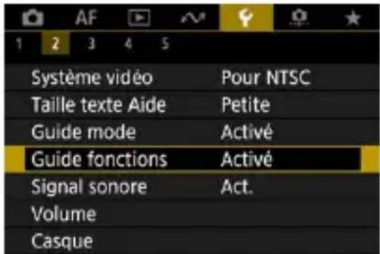 Système vidéo Pour NTSC Taille texte Aide Petite Guide mode Activé Guide fonctions Activé Signal sonore Act. Volume Casque