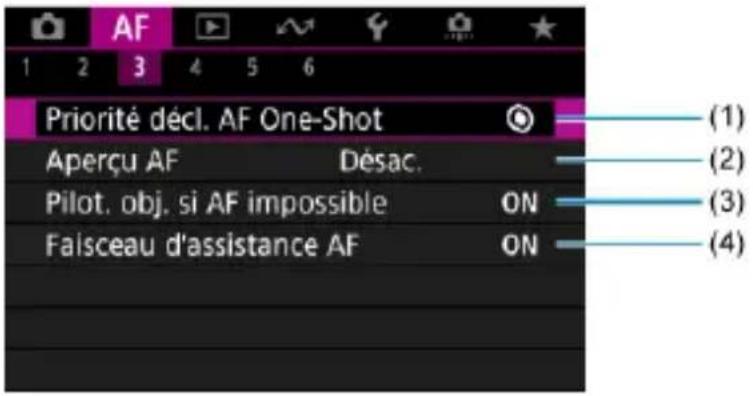 AF Priorité décl. AF One-Shot Aperçu AF Désac. Pilot. obj. si AF impossible ON Faisceau d'assistance AF ON (1) (2) (3) (4)