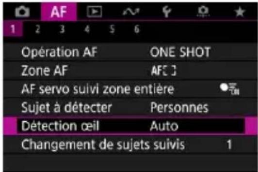 AF 1 2 3 4 5 6 Opération AF ONE SHOT Zone AF AFC ] AF servo suivi zone entière Sujet à détecter Personnes Détection œil Auto Changement de sujets suivis 1