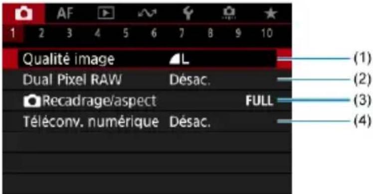 1 2 3 4 5 6 7 8 9 10 Qualité image ▲L Dual Pixel RAW Désac. Recadrage/aspect FULL Téléconv. numérique Désac. (1) (2) (3) (4)