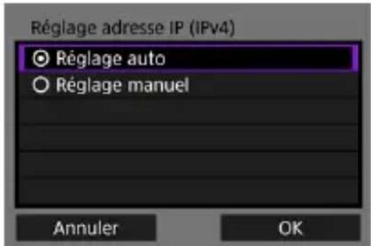Réglage adresse IP (IPv4) Réglage auto Réglage manuel Annuler OK