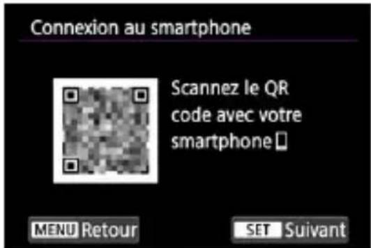 Connexion au smartphone Scannez le QR code avec votre smartphone MENU Retour SET Suivant